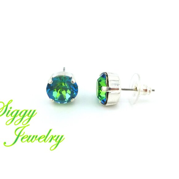 Green Sphinx Solitaire Crystal Earrings, 10mm (45ss) Drops or Studs, Iridescent - Picture 4 of 8